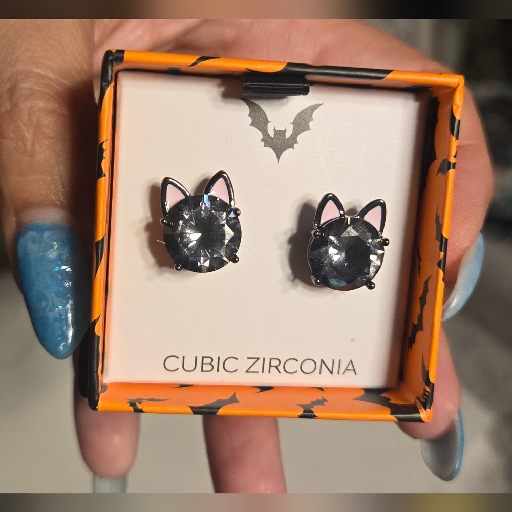 Black Cat Cubic Zirconia Stud Earrings, New In Box